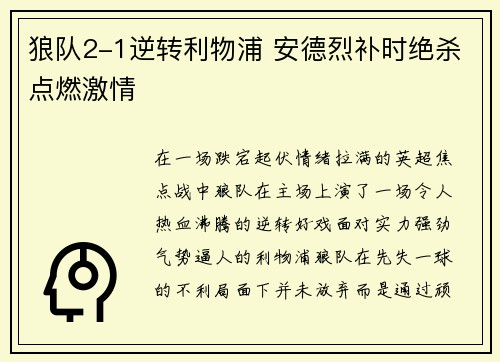 狼队2-1逆转利物浦 安德烈补时绝杀点燃激情